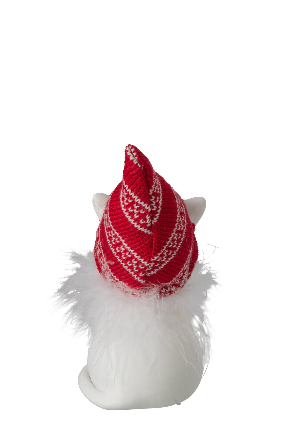 Kat met muts middel – polyresin, wit en kerstrood, 9×9×19 cm