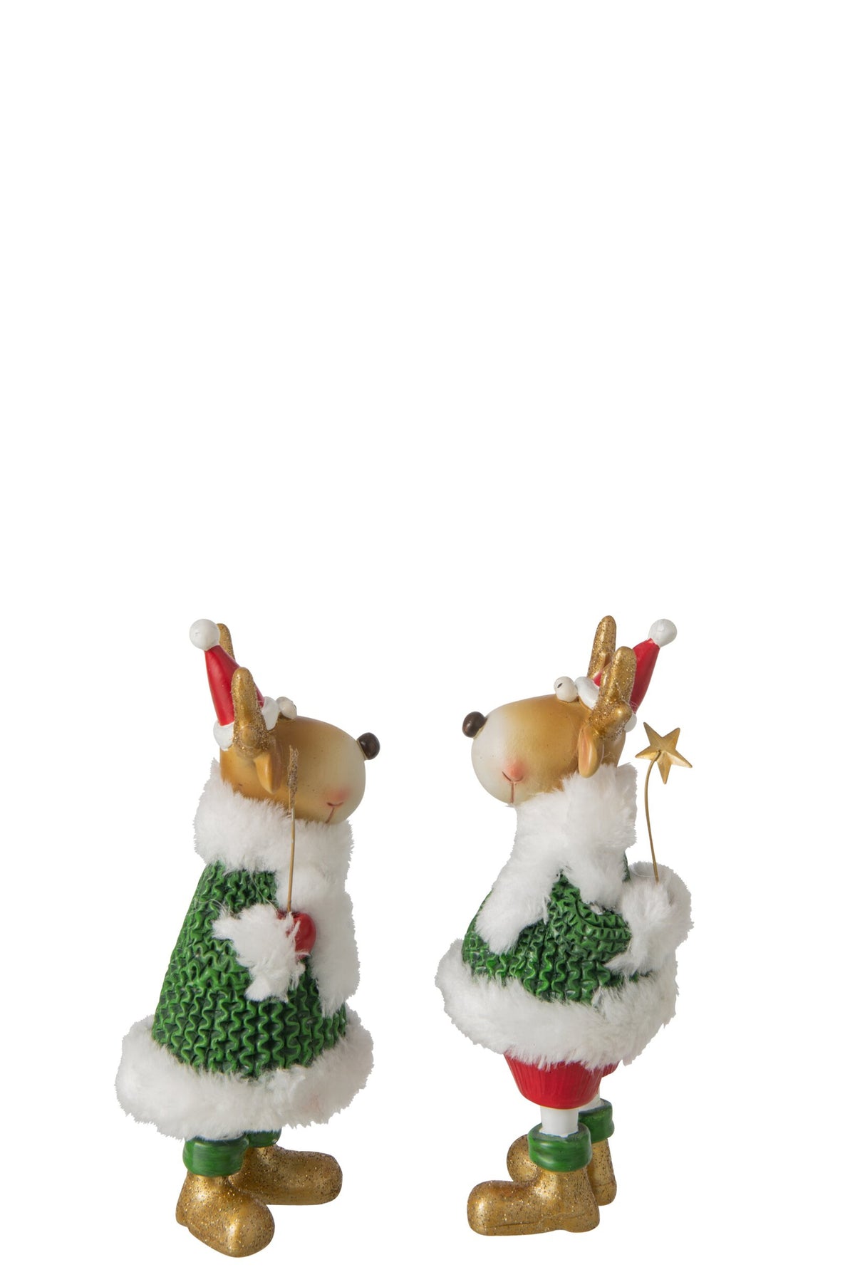 Rendier in winterkleding klein – set van 2, polyresin, donkergroen en kerstrood, 20 cm