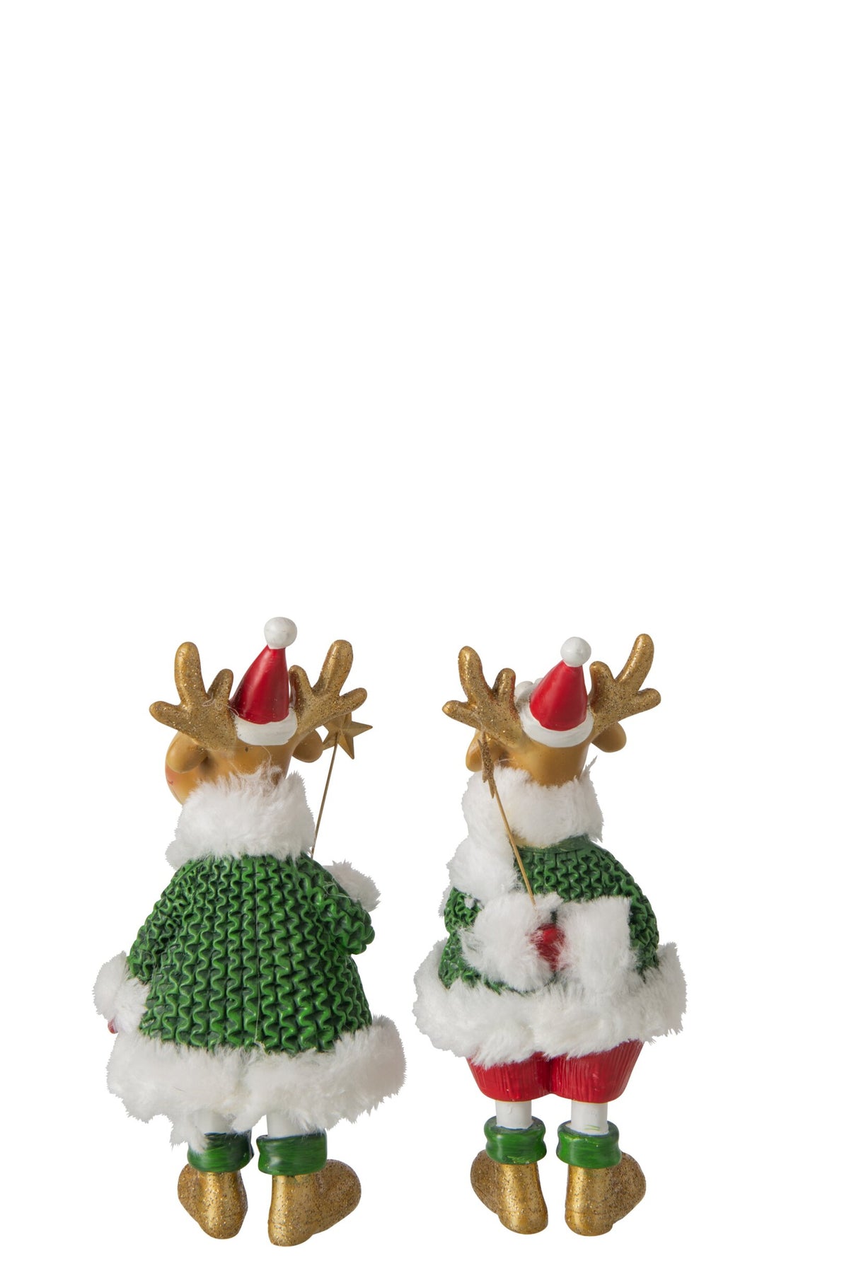 Rendier in winterkleding klein – set van 2, polyresin, donkergroen en kerstrood, 20 cm