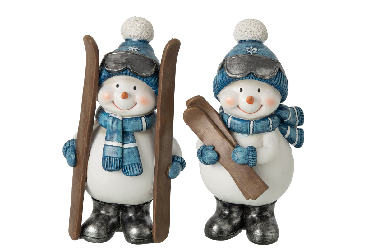 Sneeuwpop op ski – set van 2, polyresin, blauw en wit, 20 cm