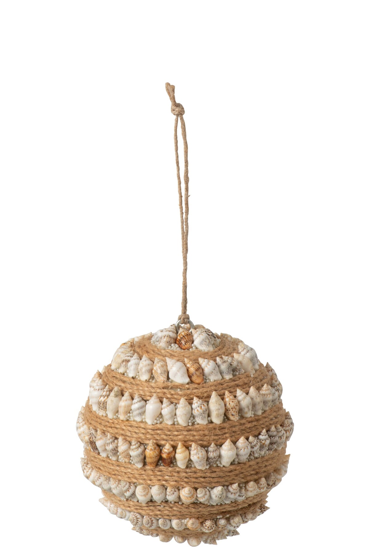 Kerstbal touw en schelpen – kunststof, naturel en wit, Ø10 cm