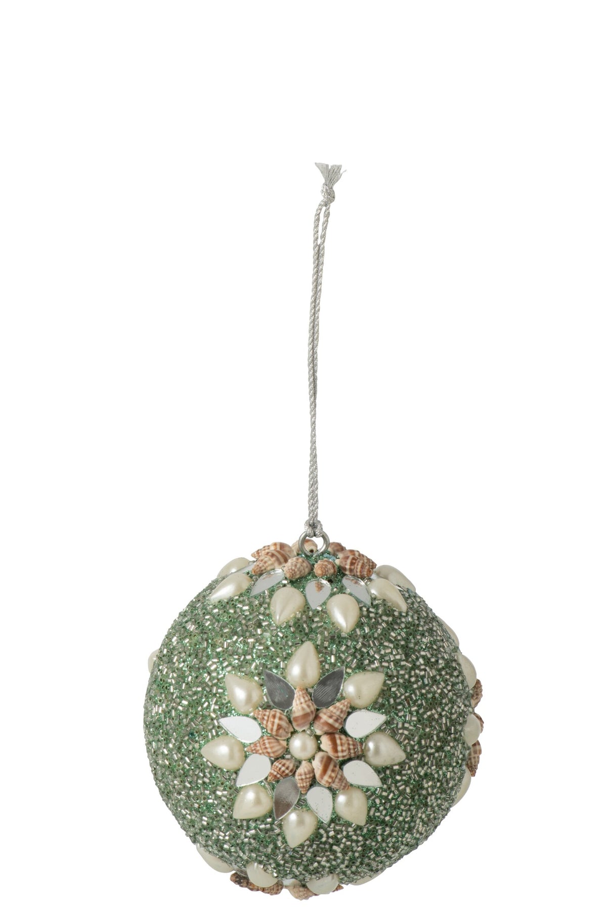 Kerstbal met kralen en schelpen – kunststof, lichtgroen en wit, Ø10 cm