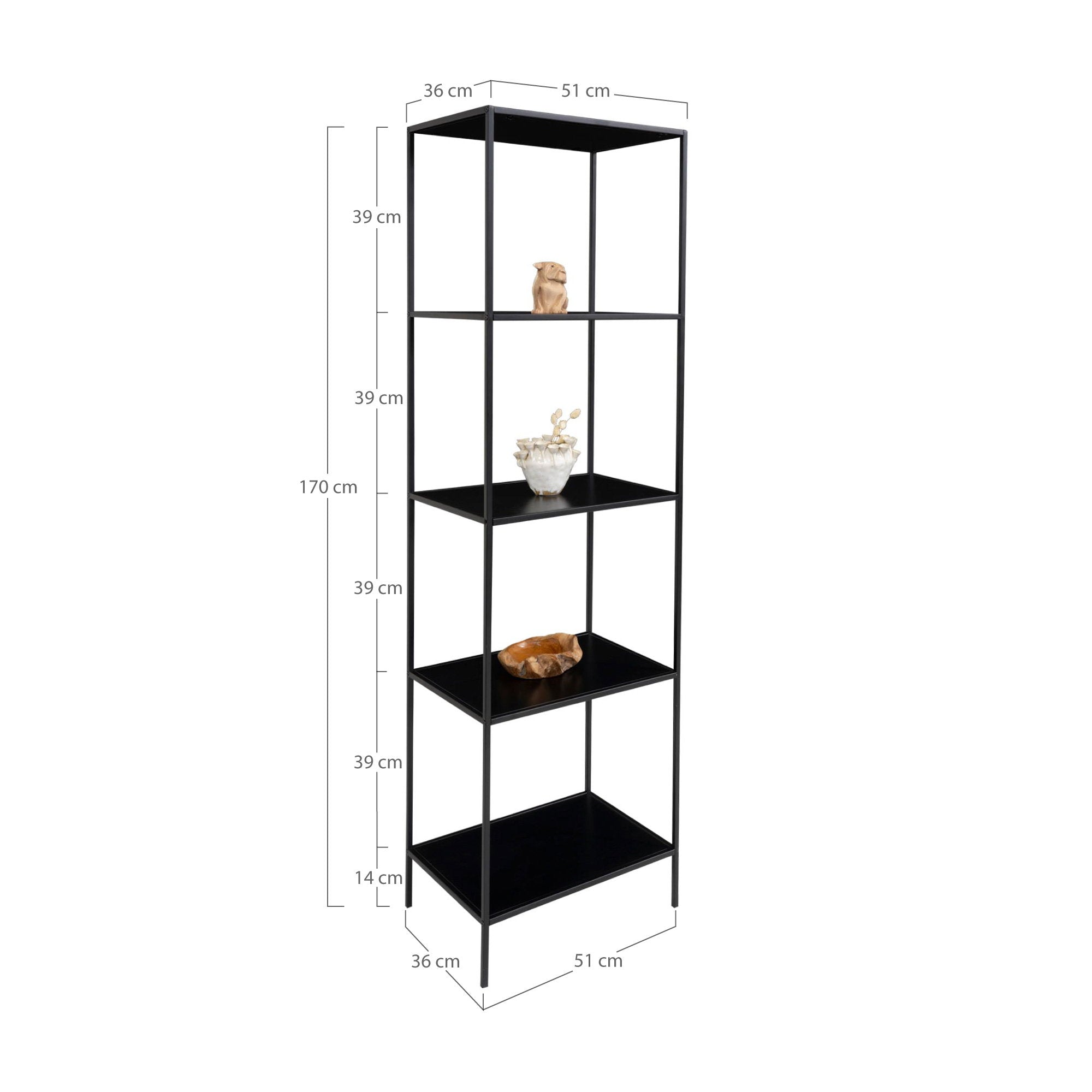 Vita kast met 5 planken in zwart met zwart frame