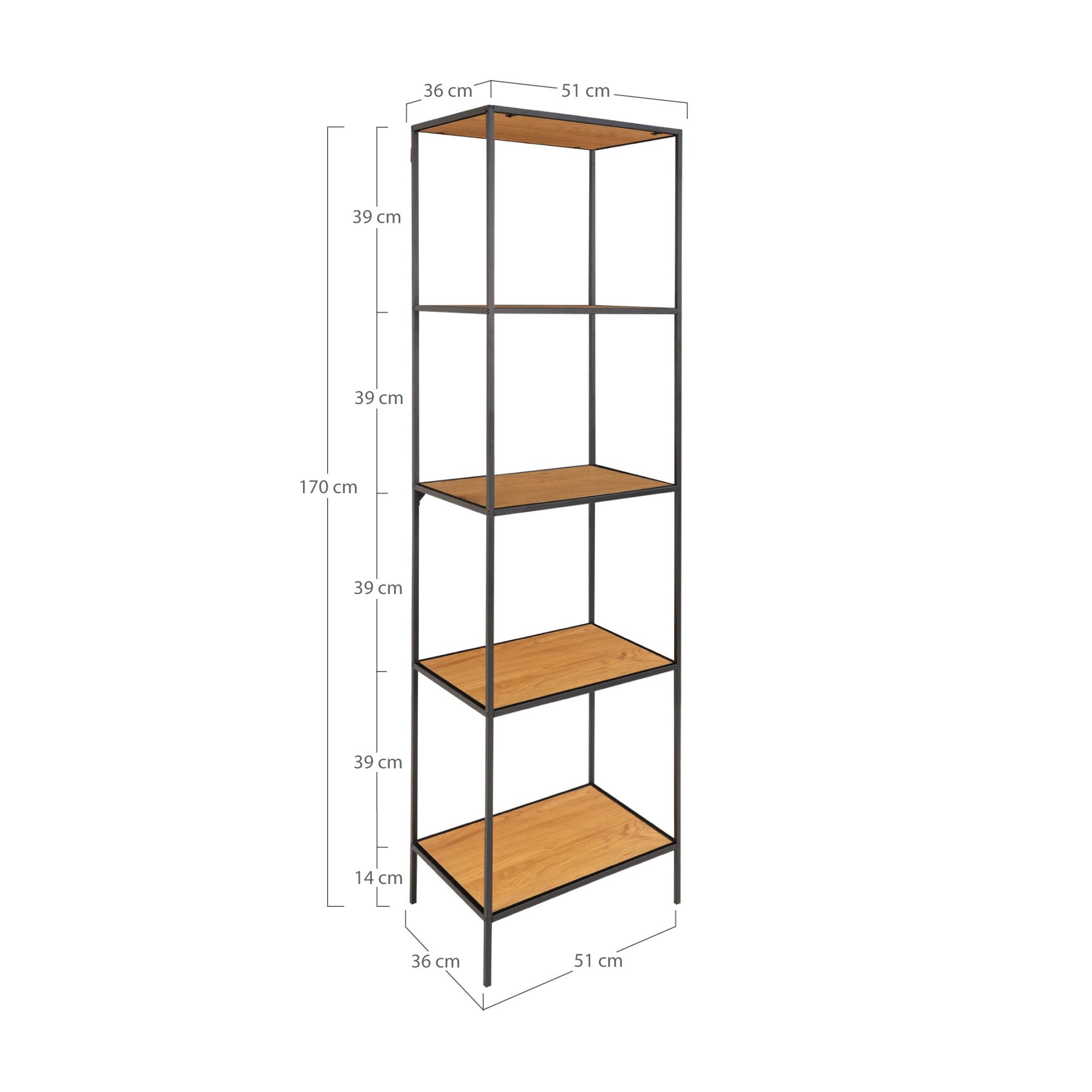 Vita kast met 5 planken in eiken look met zwart frame