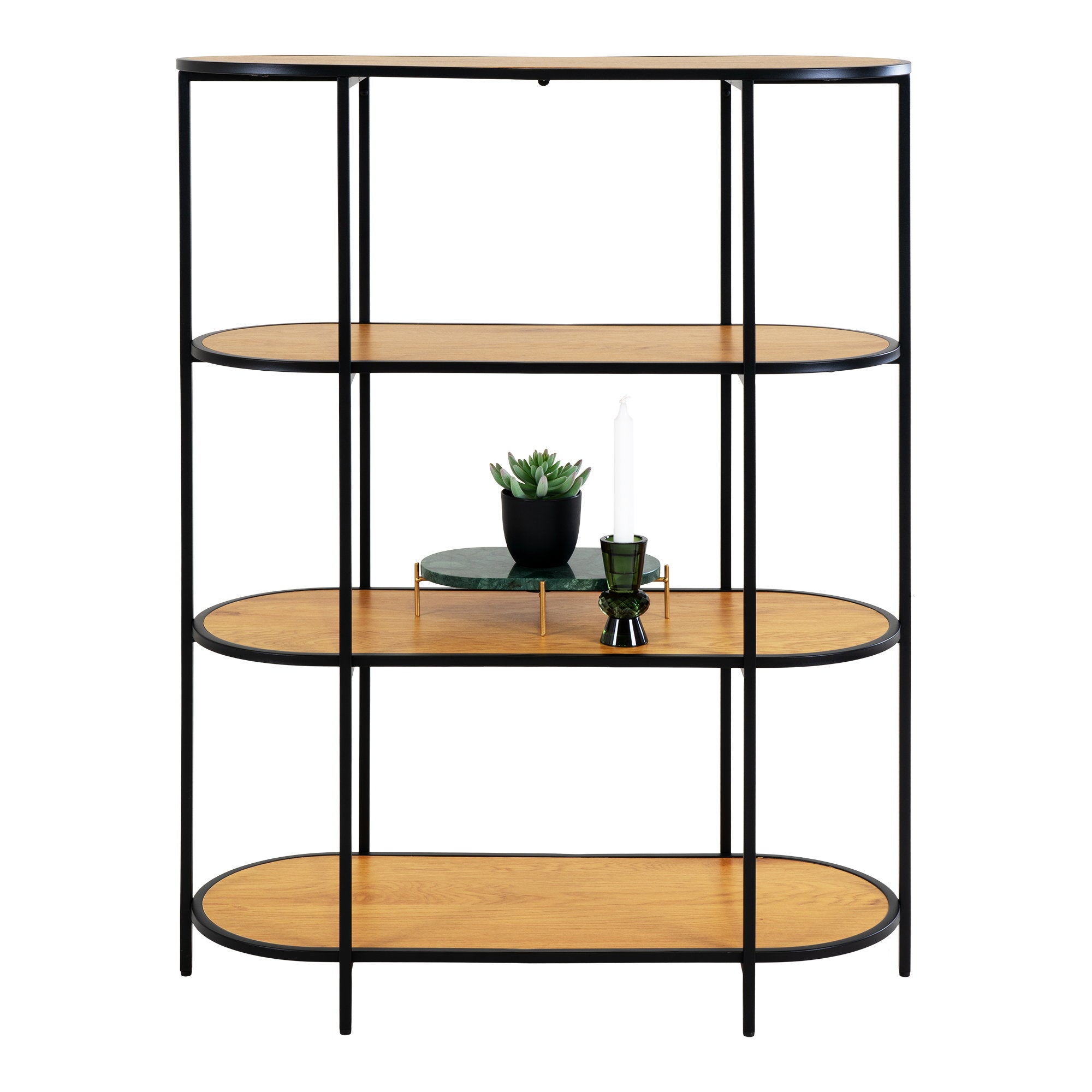 Vita kast met 4 planken in eiken look met zwart frame