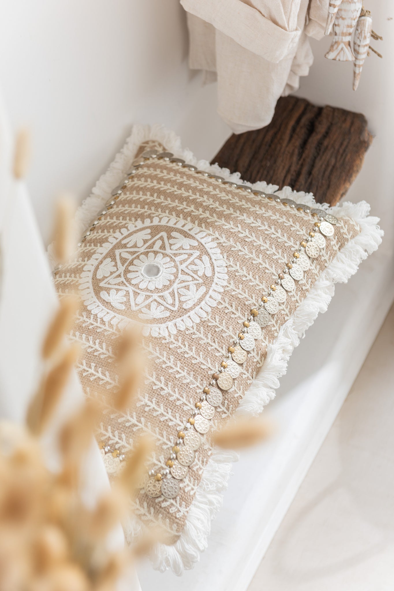 Kissen, rechteckiges Muster mit Münzen, Jute, Natur/Beige