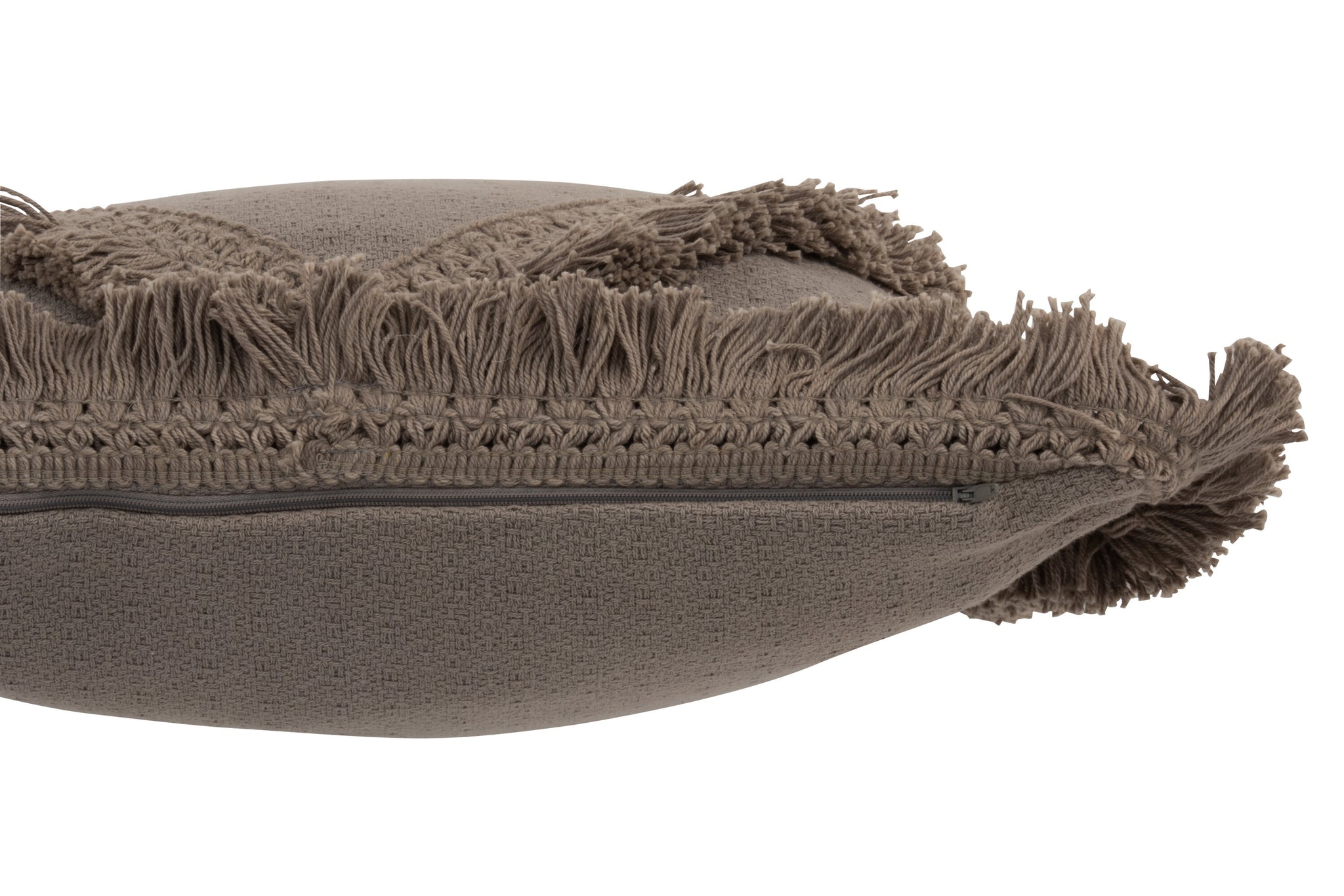 Quadratisches Kissen mit Fransen aus Baumwolle, taupe