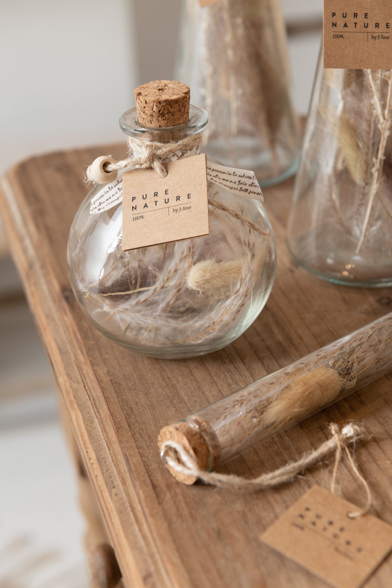 Glazen flessen met droogbloemen naturel, set van 2 small
