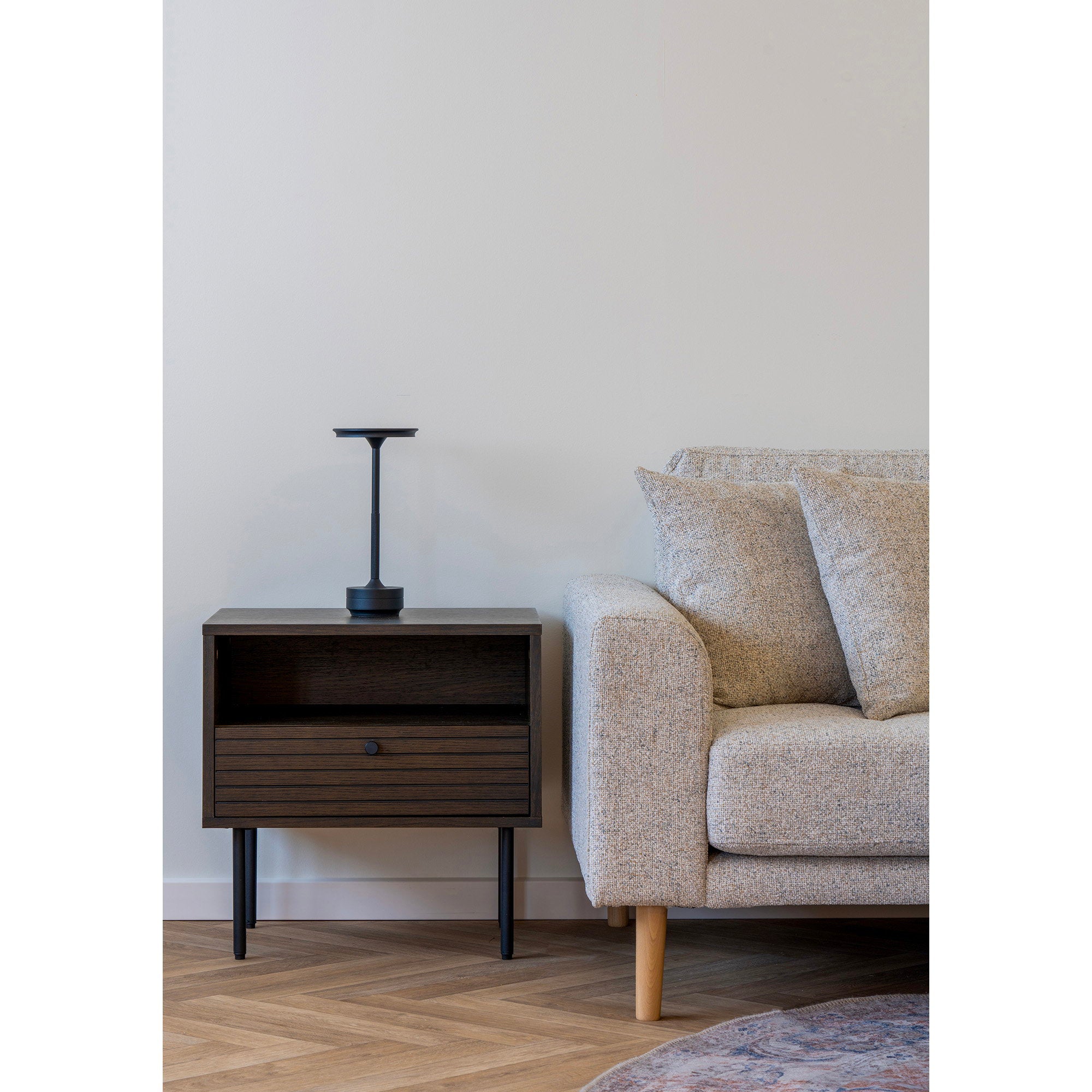 Kyoto Side Table - Side table, 1 drawer, oak veneer, smoked, black metal legs 50x40x50 cm