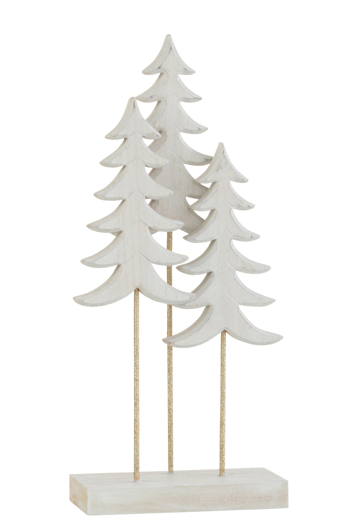 Kerstboompjes op voet 3 stuks groot – eucalyptushout en ijzer, wit en goud, 36 cm