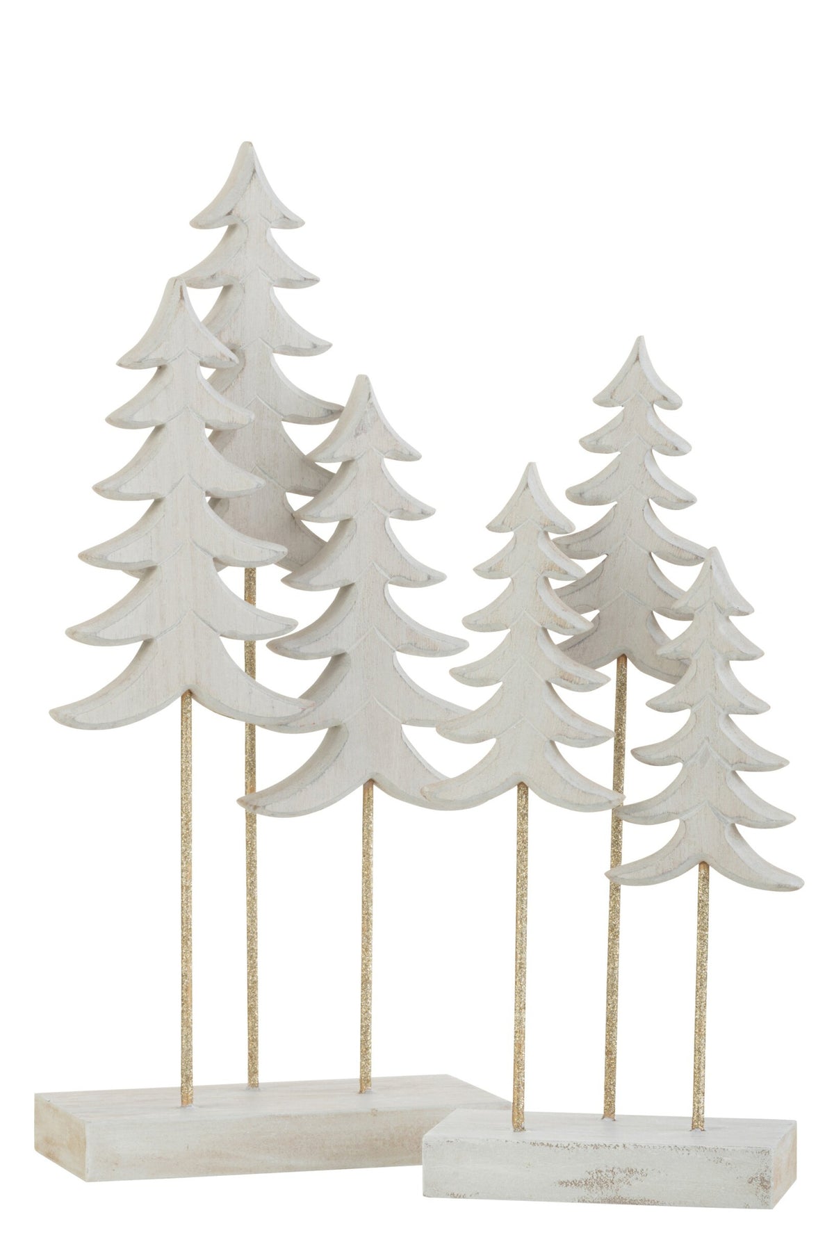 Kerstboompjes op voet 3 stuks groot – eucalyptushout en ijzer, wit en goud, 36 cm
