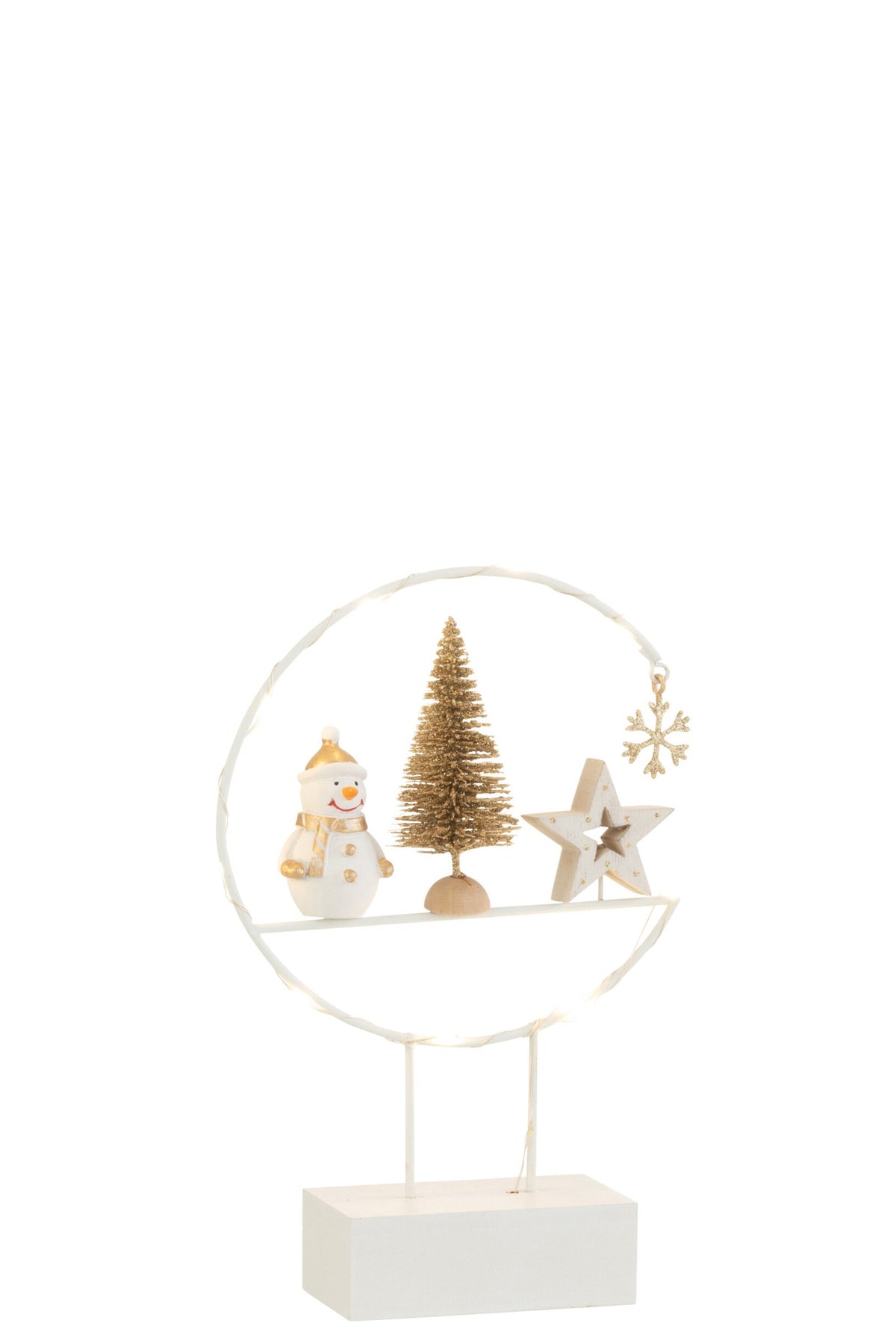 Halve cirkel op voet met LED sneeuwpop – mdf, wit en goud, 23 cm