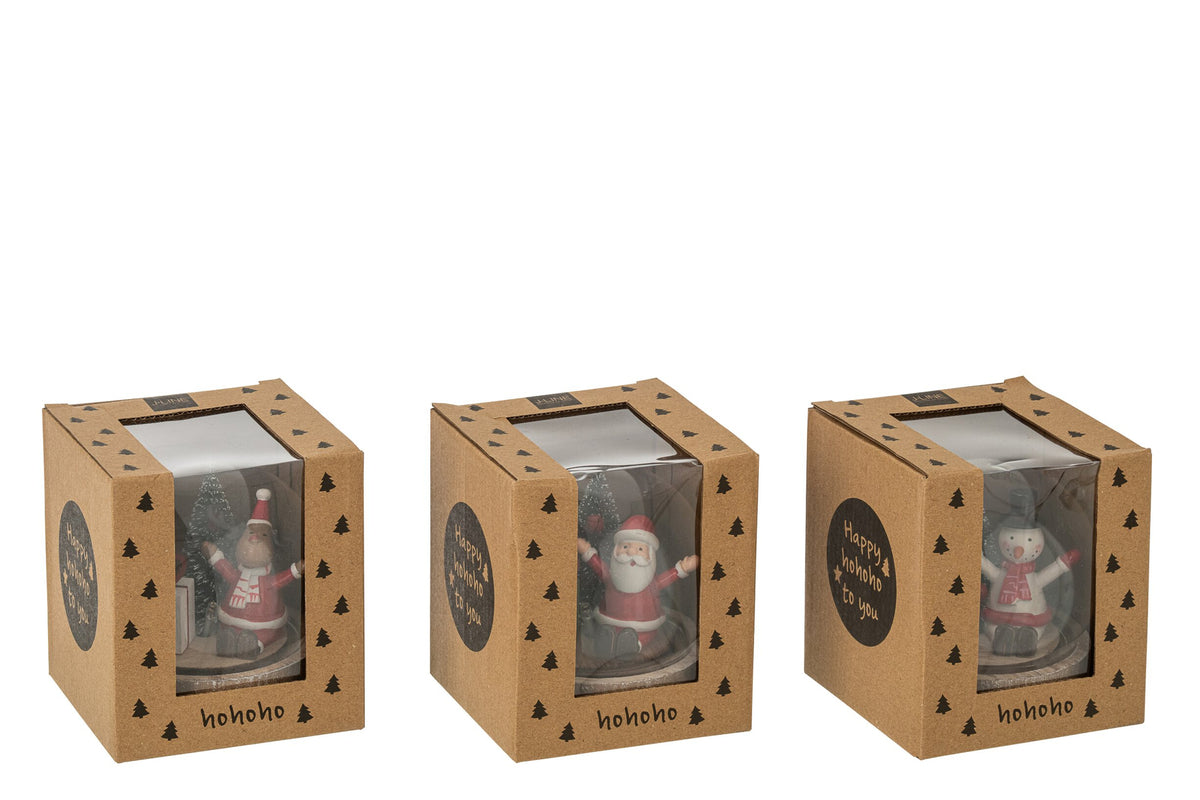 Stolp met LED kerstman, rendier en sneeuwpop – set van 3, eucalyptushout en glas, meerkleurig, 10 cm