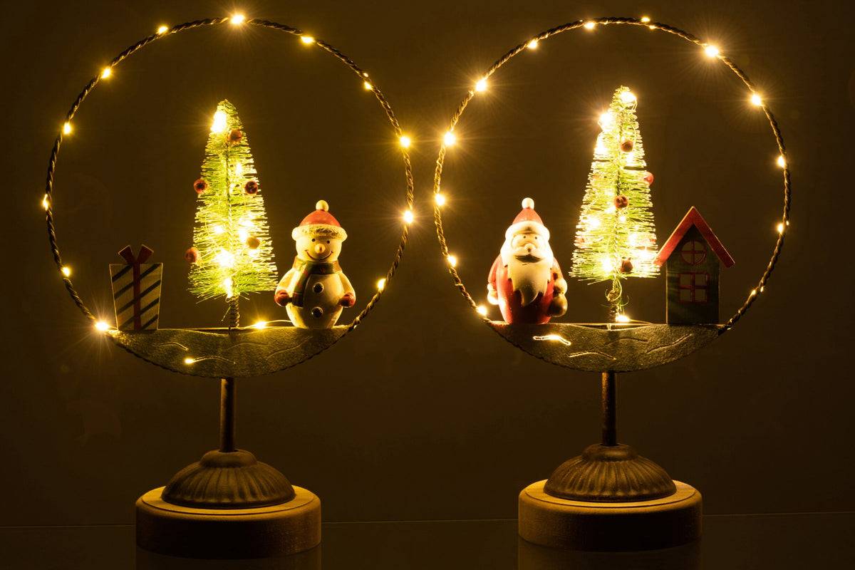 Cirkel op voet met LED kerstman en sneeuwpop – set van 2, eucalyptushout en ijzer, meerkleurig, 30 cm