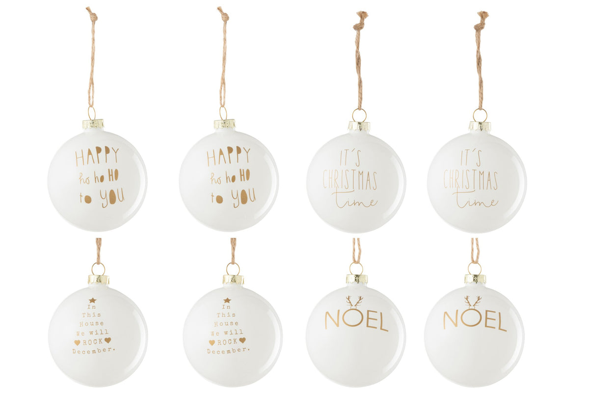 Kerstballen doos van 8 met tekst Christmas – glas, wit en goud, Ø8 cm