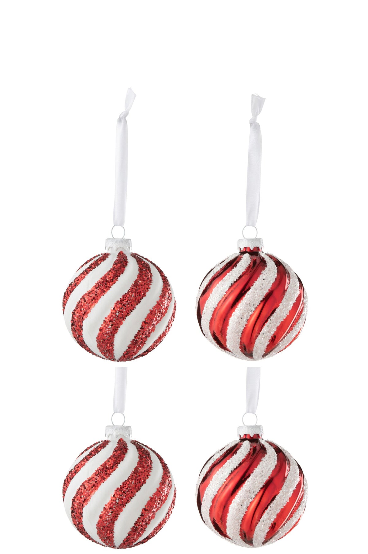 Kerstballen lijnen klein doos van 4 – glas, wit en rood, Ø8 cm