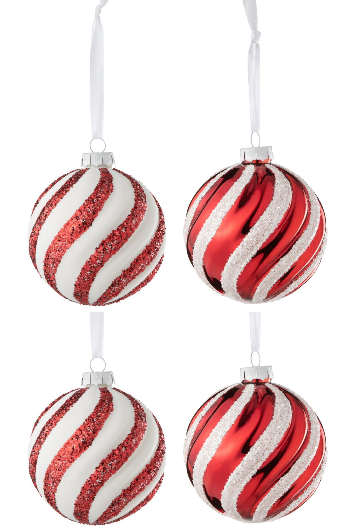 Kerstballen lijnen groot doos van 4 – glas, wit en rood, Ø10 cm