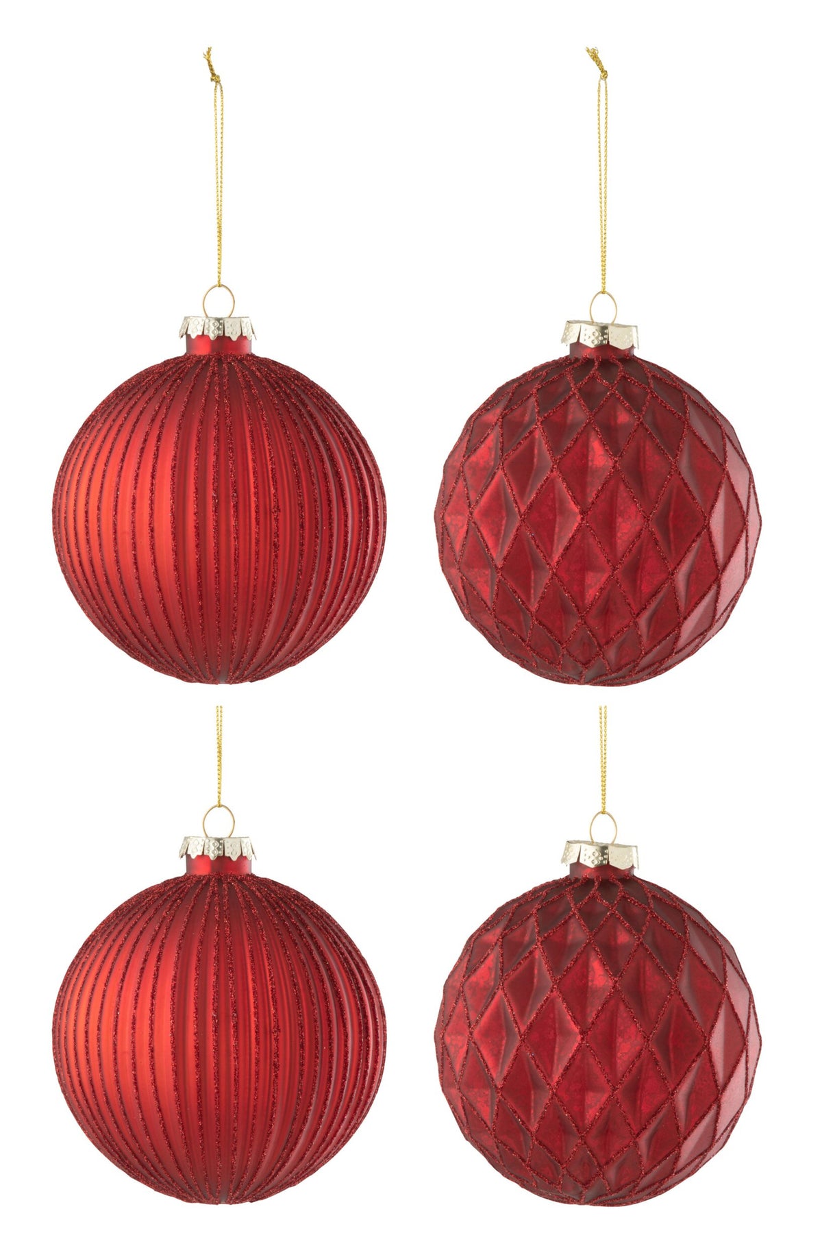 Kerstballen geribbeld en ruit doos van 4 – glas, rood, Ø10 cm