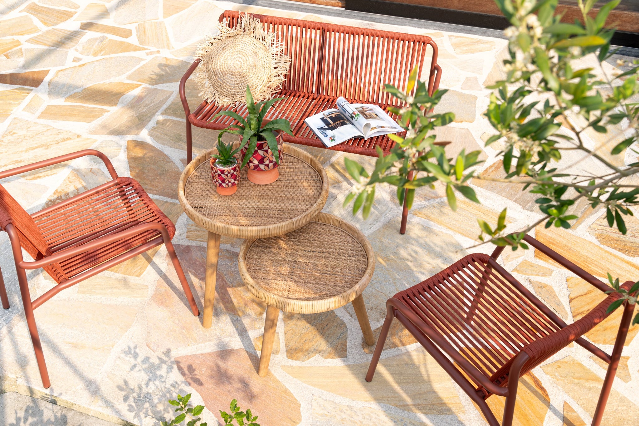 Set Of 2 Side Tables Lurne Rattan/Fir Wood Natural