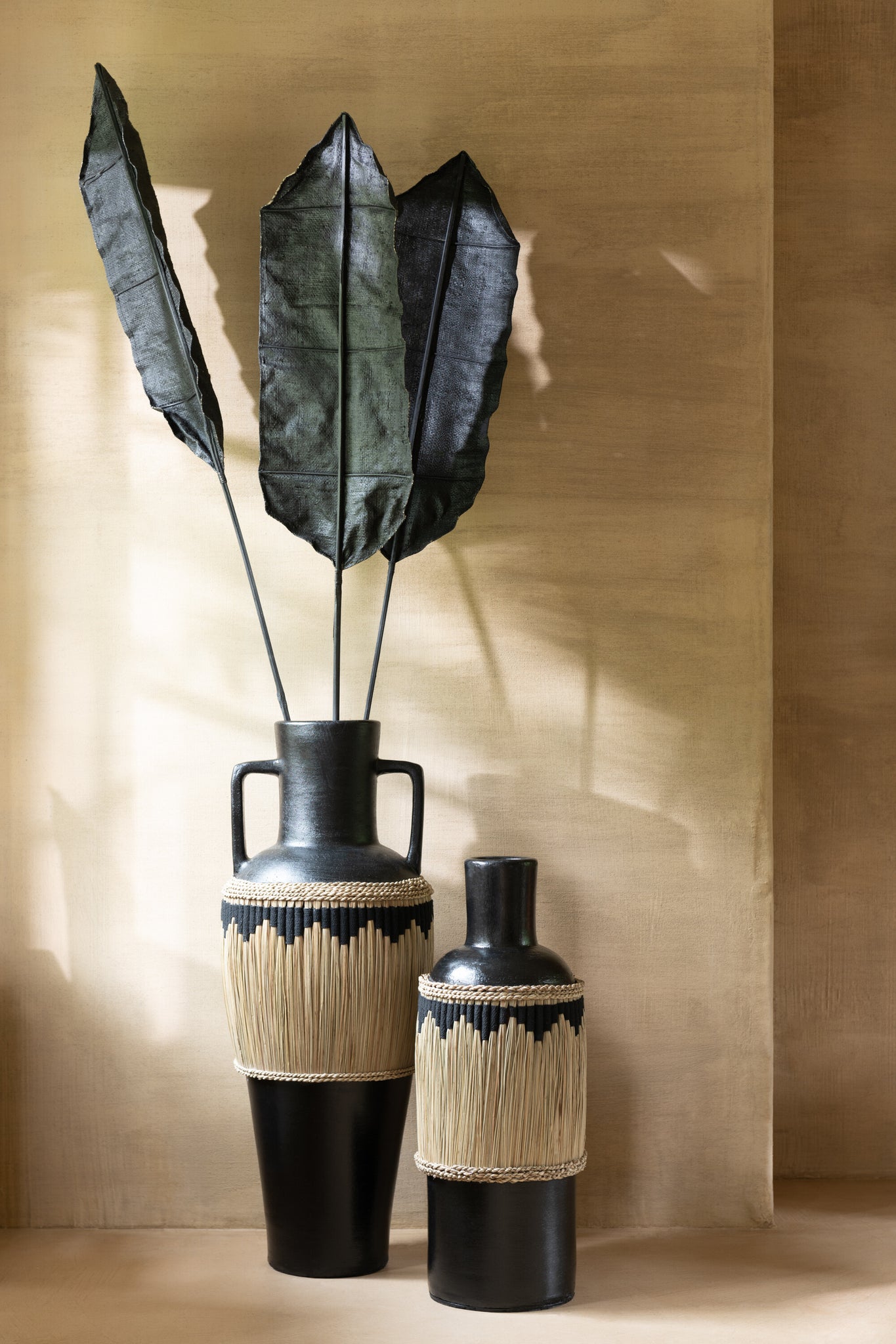 Vase Pattern+Handles Terracota/Seagrass Black/Natural