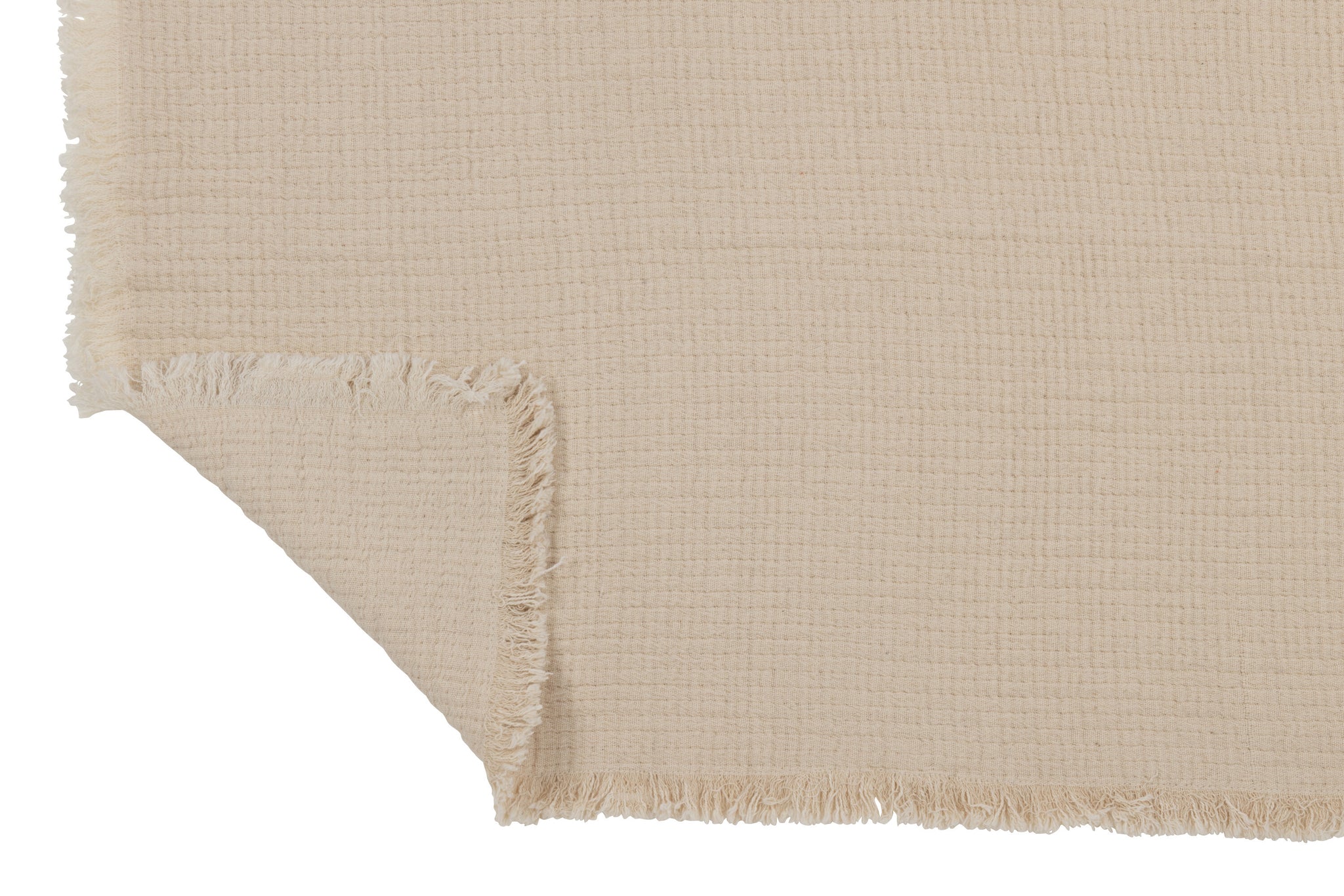Plaid Fringes Cotton Muslin Light Beige