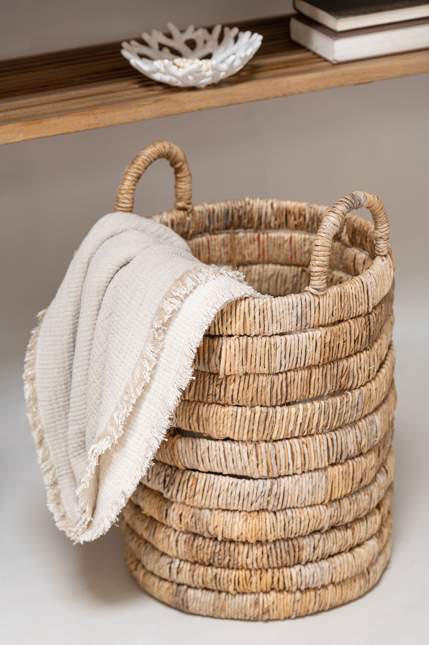 Plaid Fringes Cotton Muslin Light Beige