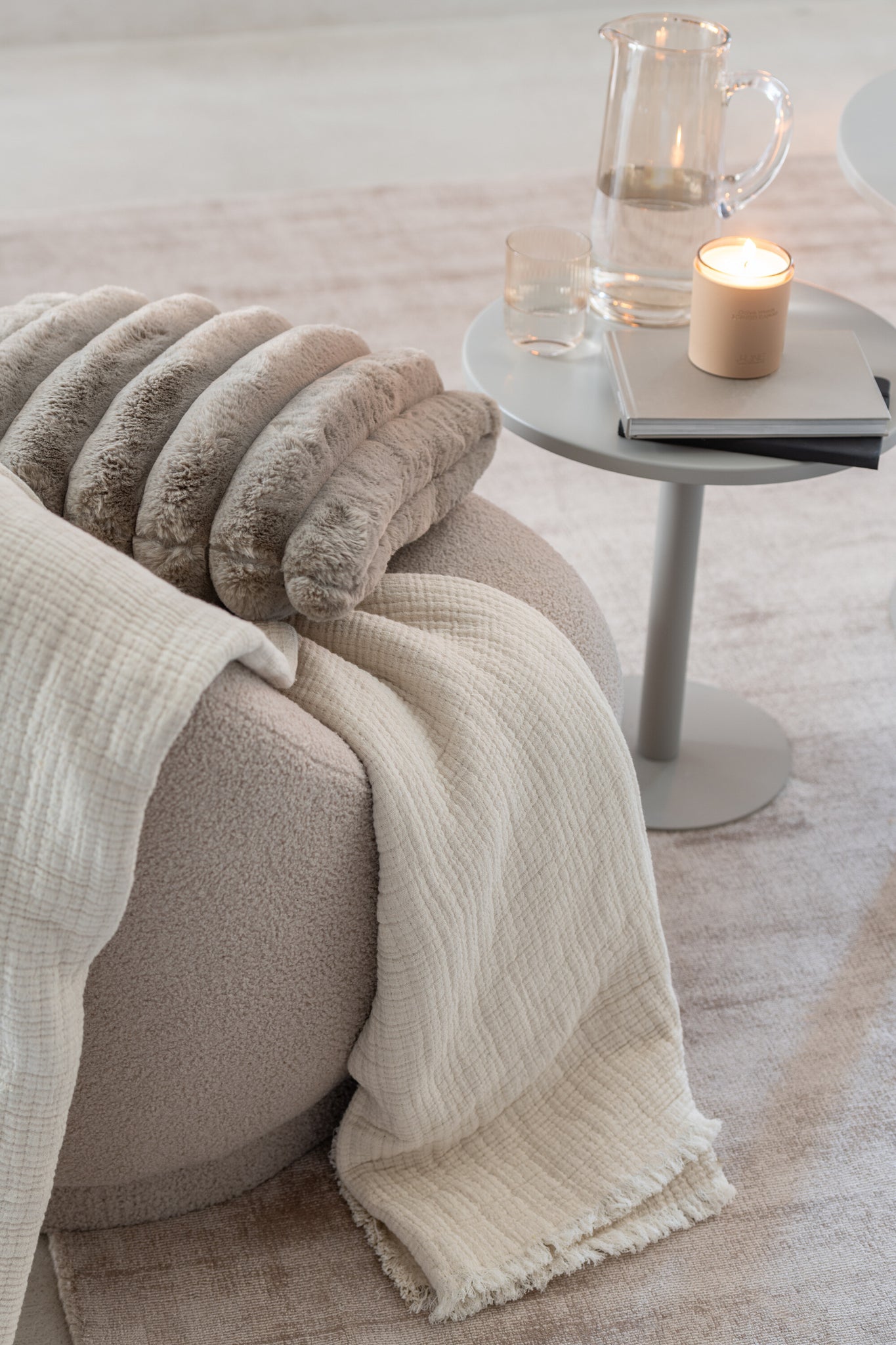 Plaid Fringes Cotton Muslin Light Beige