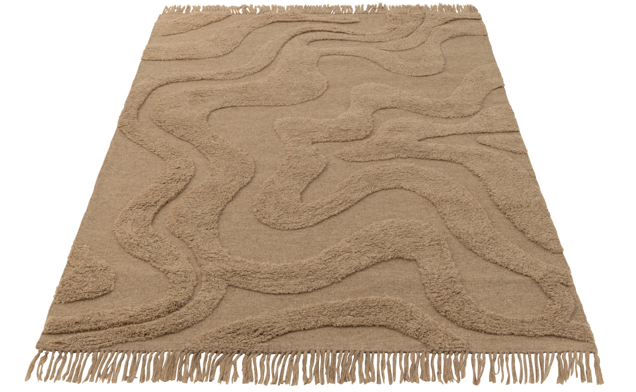 Rug Tufted Curves/Fringes Wool Beige