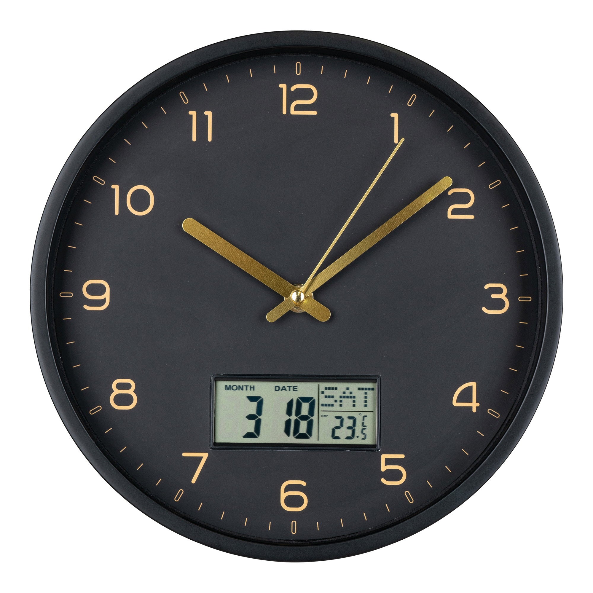 Amiens Wall - Wanduhr mit Digitalanzeige, schwarz, geräuschloses Uhrwerk, ø25 cm