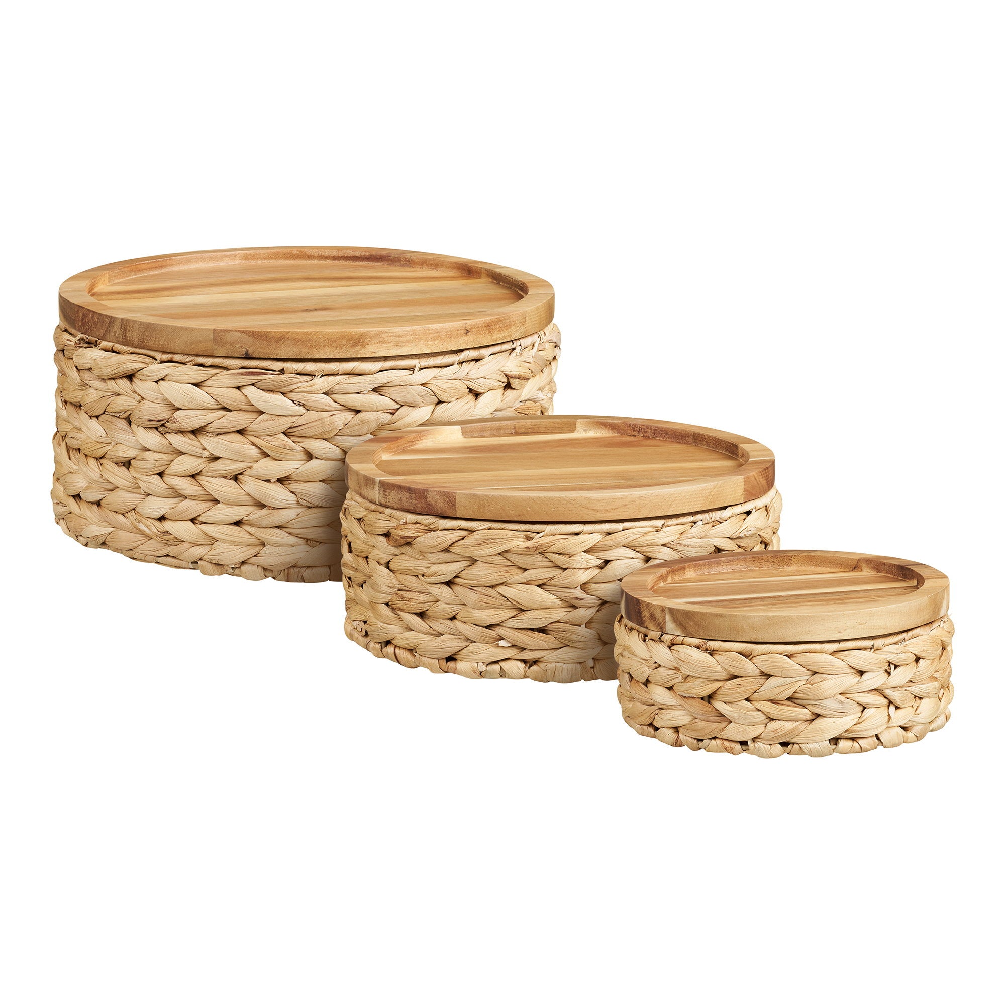 Botofte Baskets - Körbe mit Holzdeckel, Wasserhyazinthe, Natur 3er Set
