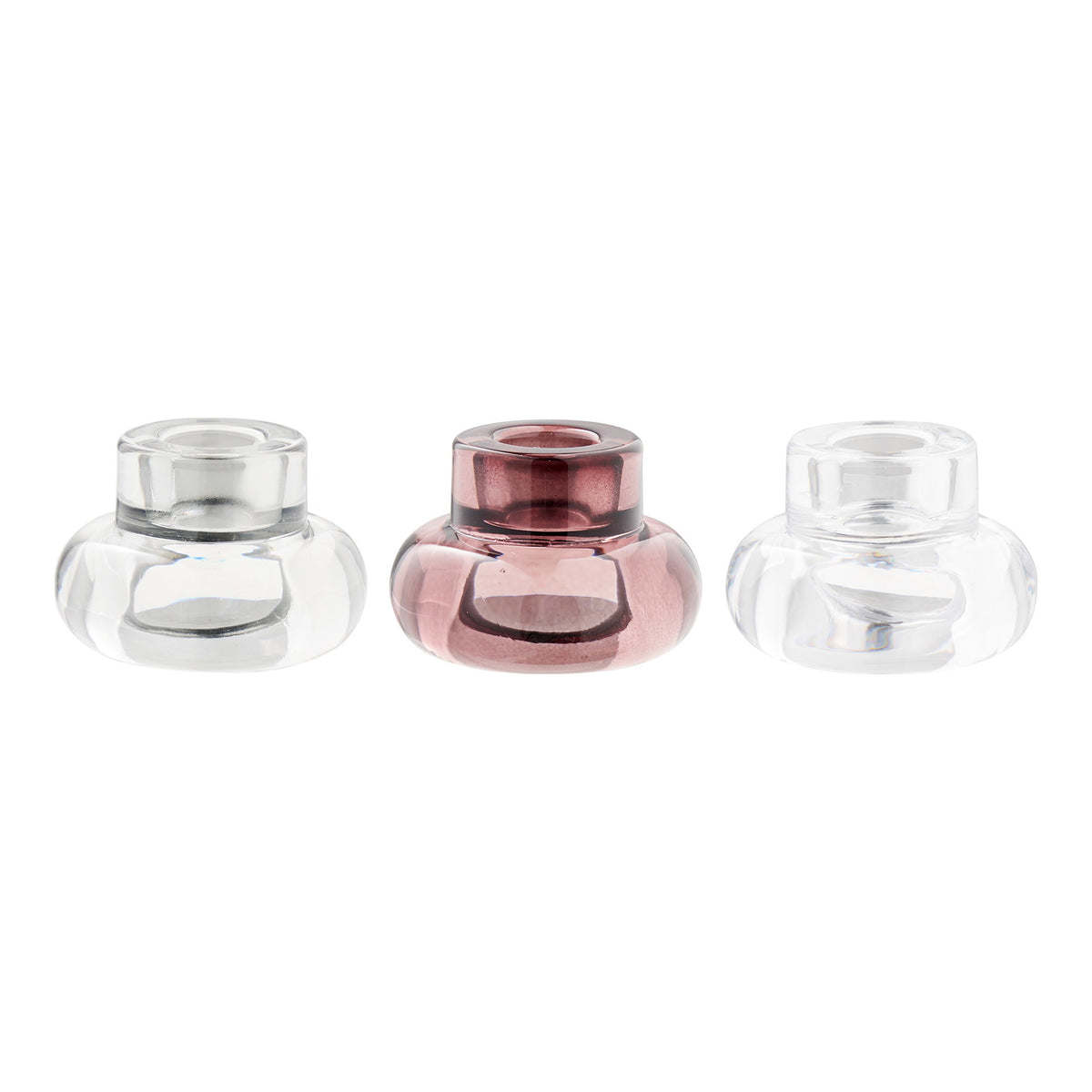 Kaarsenhouders – glas, helder, rookgrijs en kastanjerood, set van 3