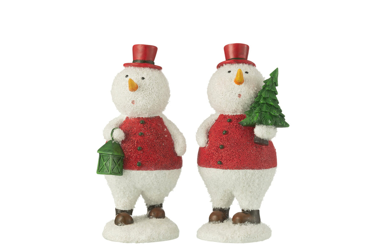 Sneeuwpop met boom en lantaarn groot – set van 2, polyresin, meerkleurig, 24 cm