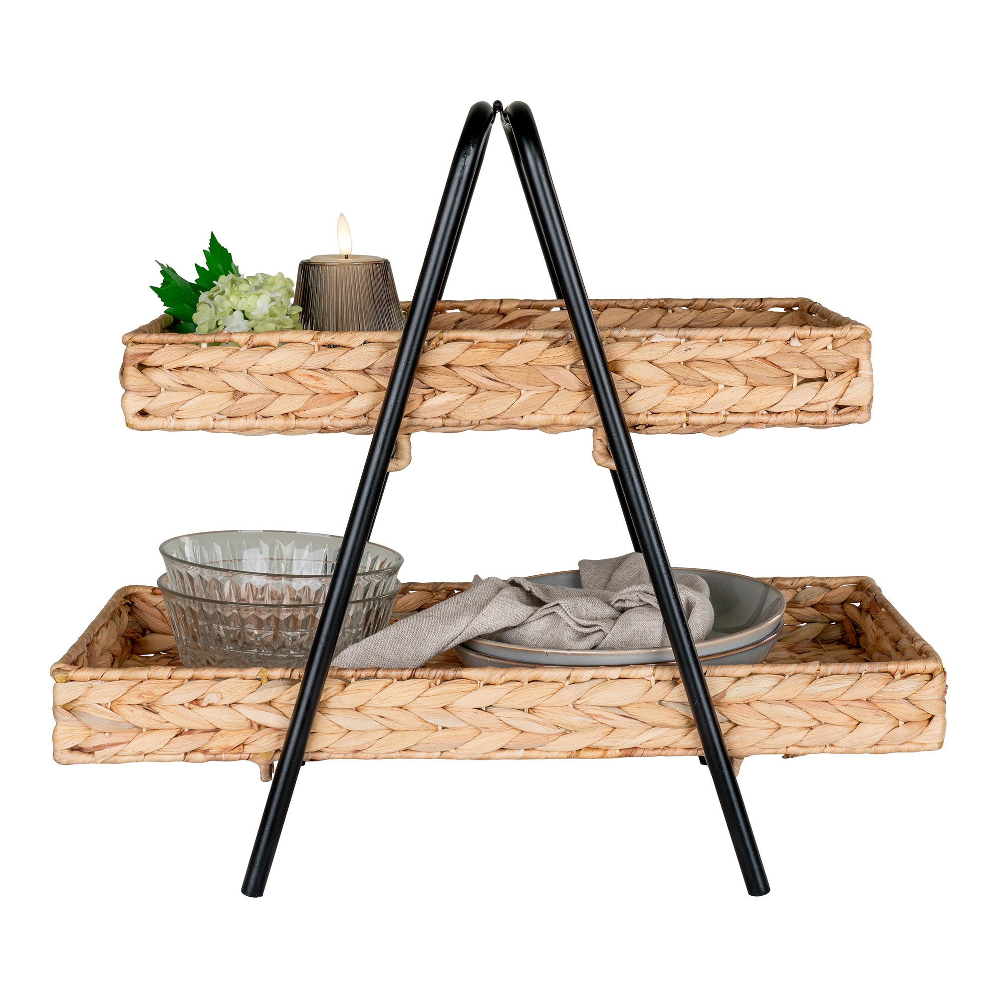 Alfaro Tray - Tray, water hyacinth/metal, black/nature 42x23x43,5 cm