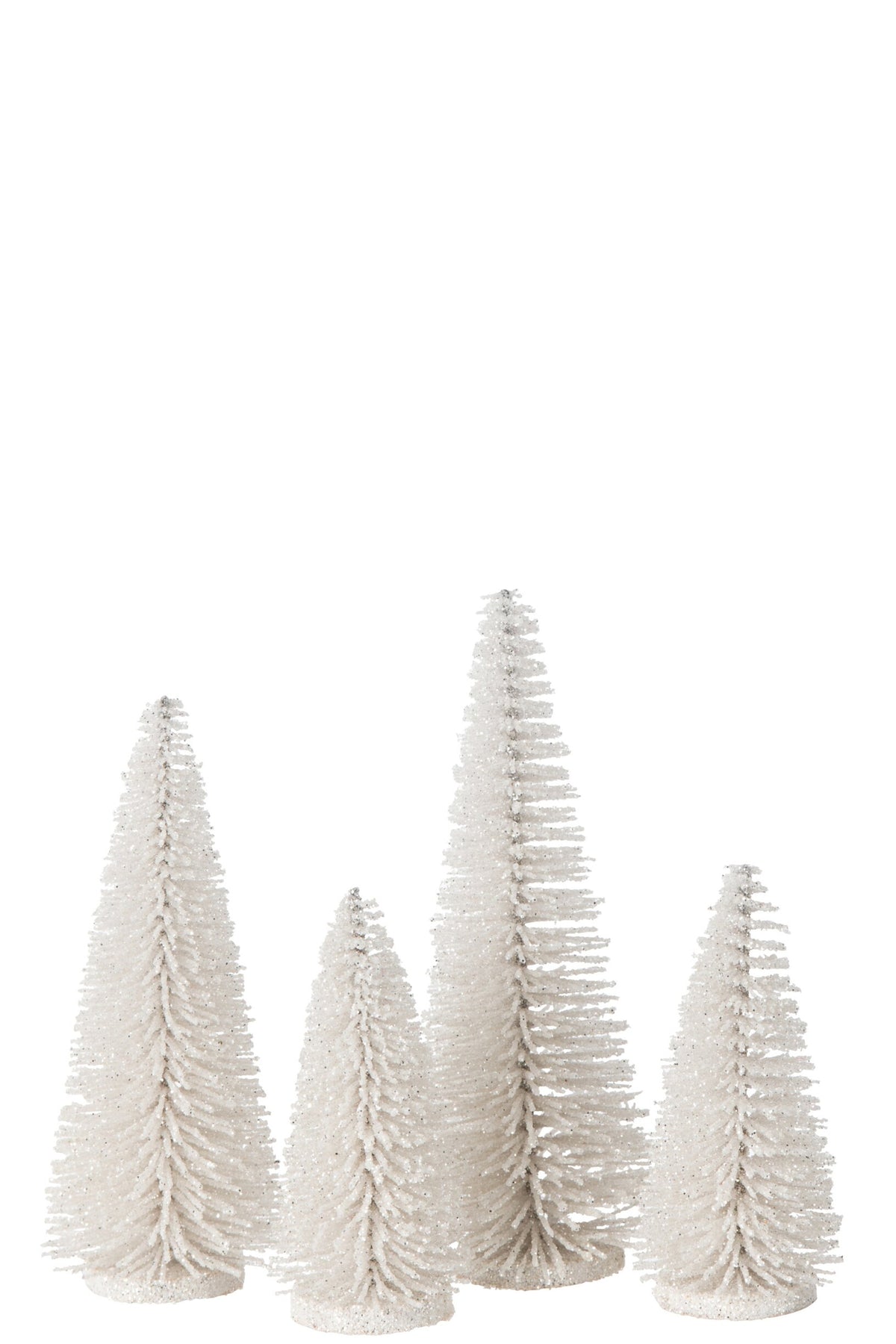 Glitterkerstboompjes doos van 4 – kunststof, glitter, ijzer, mdf, wit, Ø10 x 15 cm
