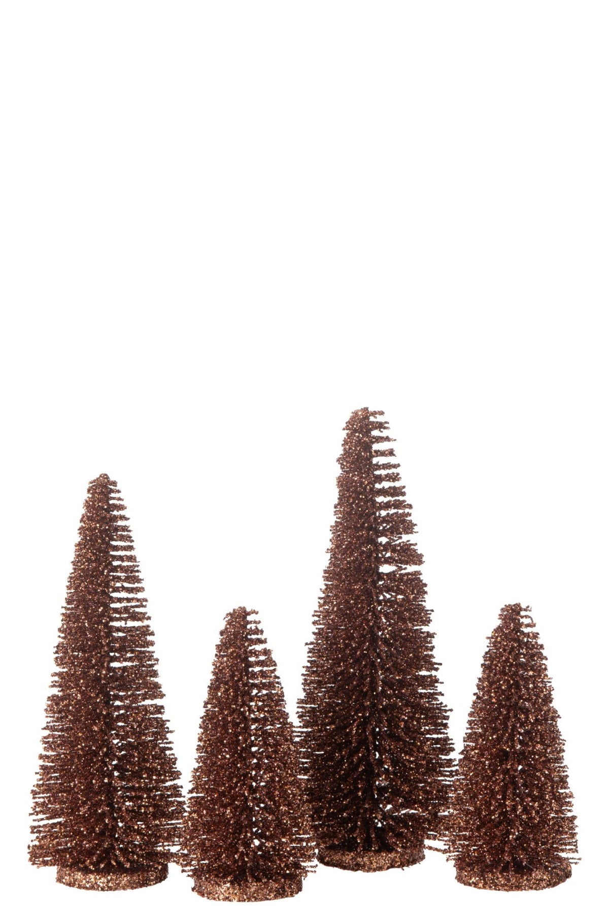 Glitterkerstboompjes doos van 4 – kunststof, glitter, ijzer, mdf, bruin, Ø10 x 15 cm