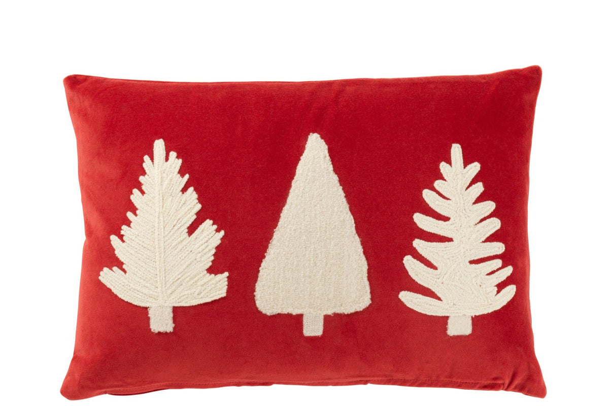 Kussen rechthoekig kerstbomen reliëf – fluweel, rood en wit, 45 x 30 cm