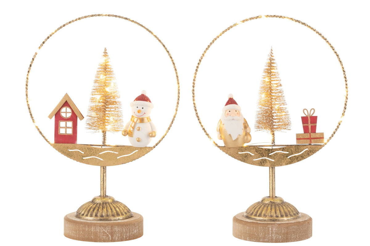 Cirkel op voet met LED kerstman en sneeuwpop – set van 2, ijzer, goud en roest, 45 cm