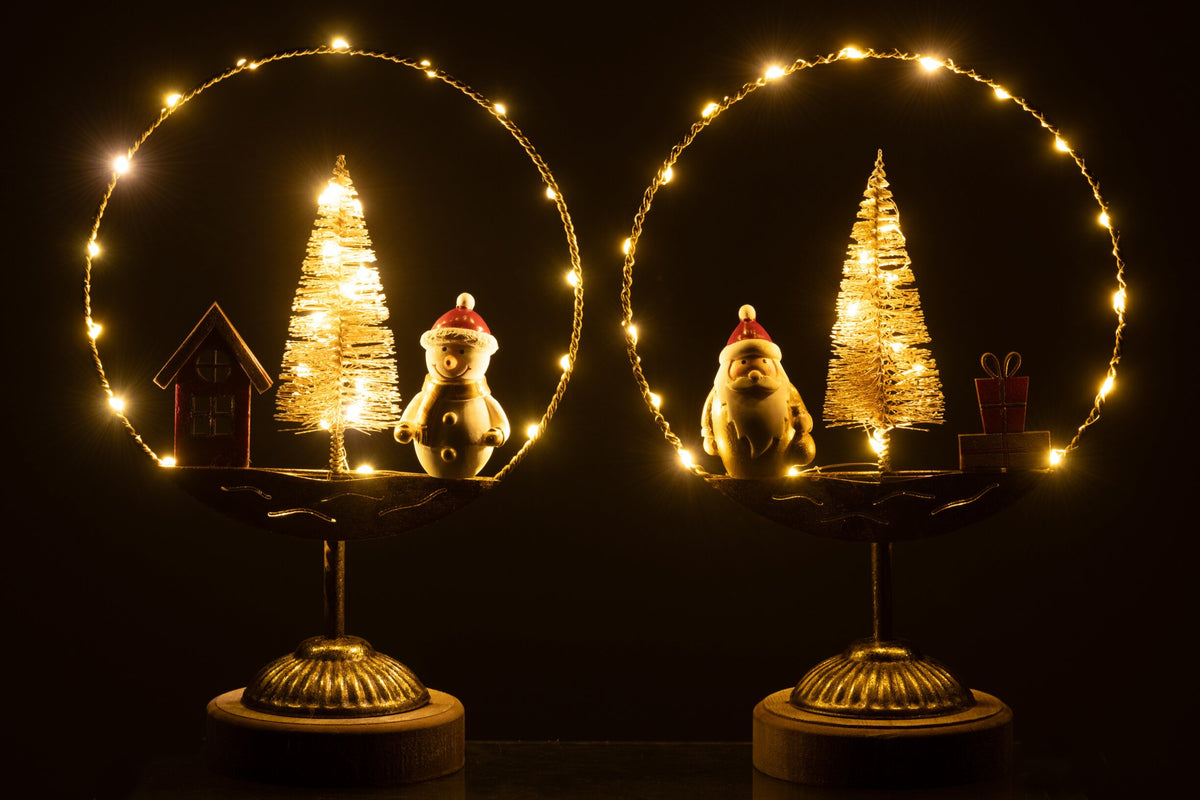 Cirkel op voet met LED kerstman en sneeuwpop – set van 2, ijzer, goud en roest, 45 cm