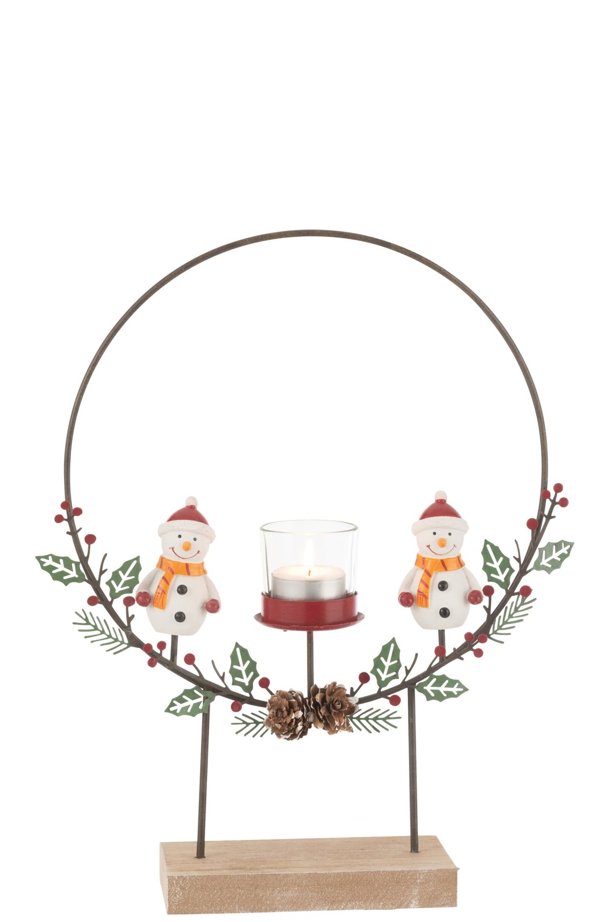 Theelichthouder cirkel op voet met sneeuwpoppen – eucalyptushout, ijzer en glas, oranje, 20 x 10,5 x 28 cm