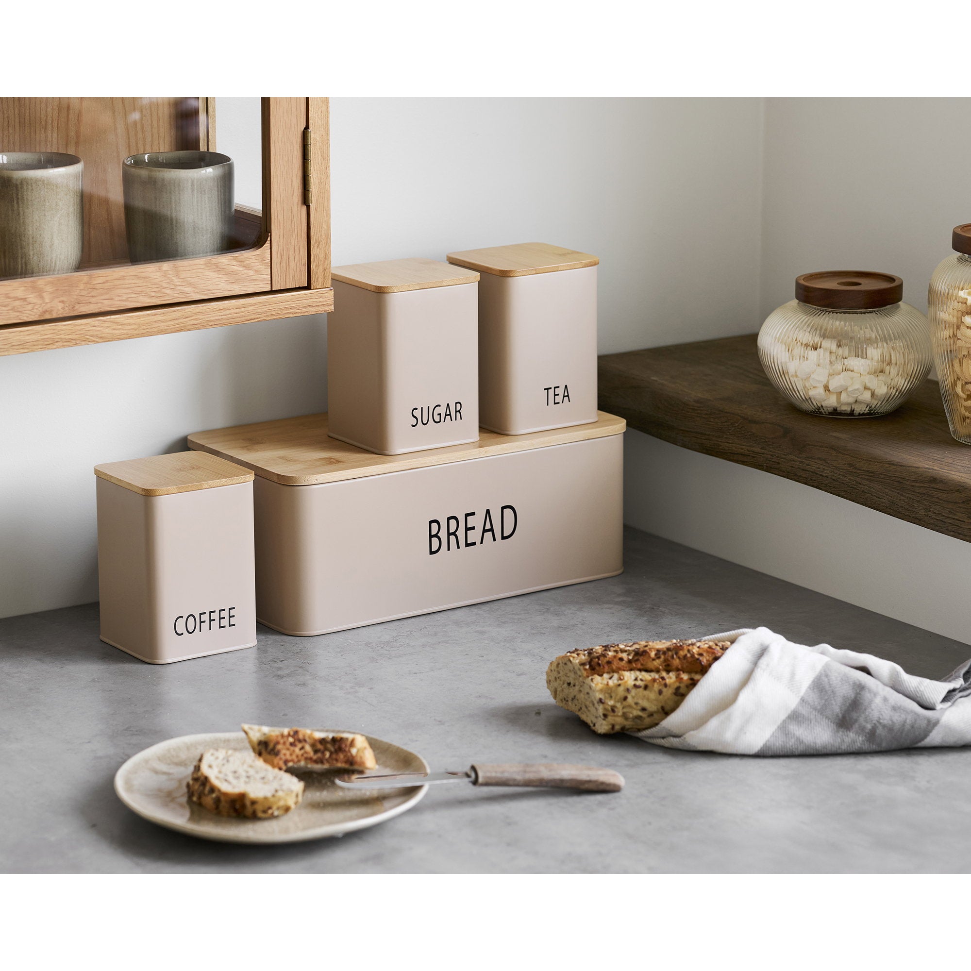 Tula Brotkasten - Brotkasten mit 3 Dosen, Metall/Bambus, beige, 4er Set