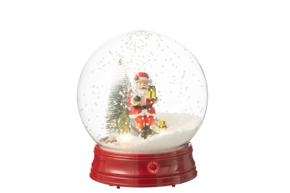 Sneeuwbol kerstman met boom en LED – polyresin en kunststof, meerkleurig, Ø21×23 cm