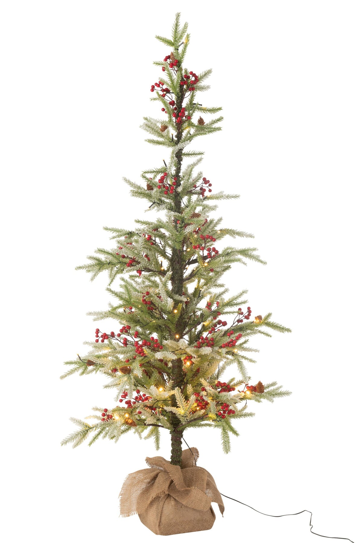 Kerstboom besneeuwd met jute zak en LED – kunststof, groen en rood, 150 cm
