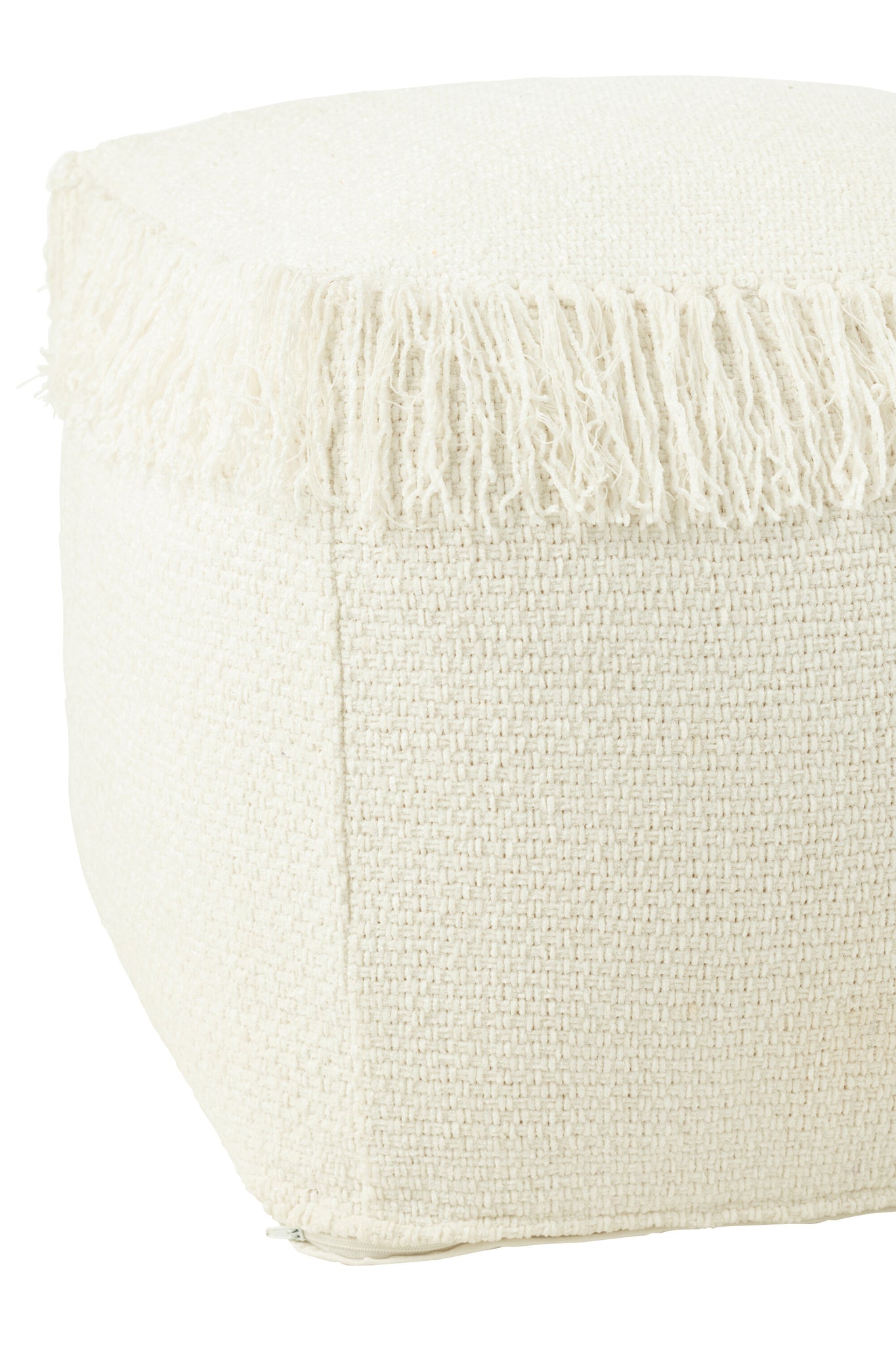 Pouf Square Woven+Fringes Viscose White