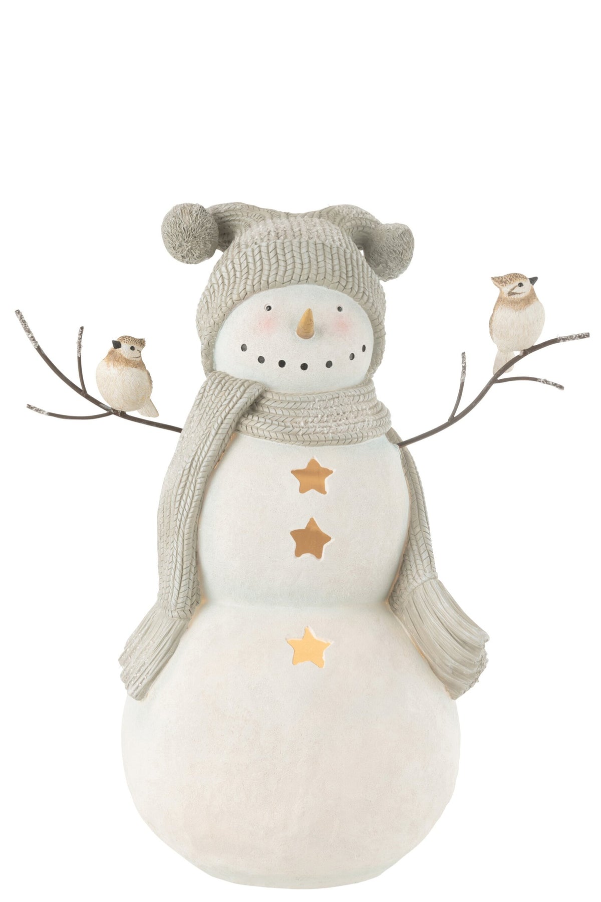 Sneeuwpop met vogels – kalkpoeder, wit en grijs, 50 cm