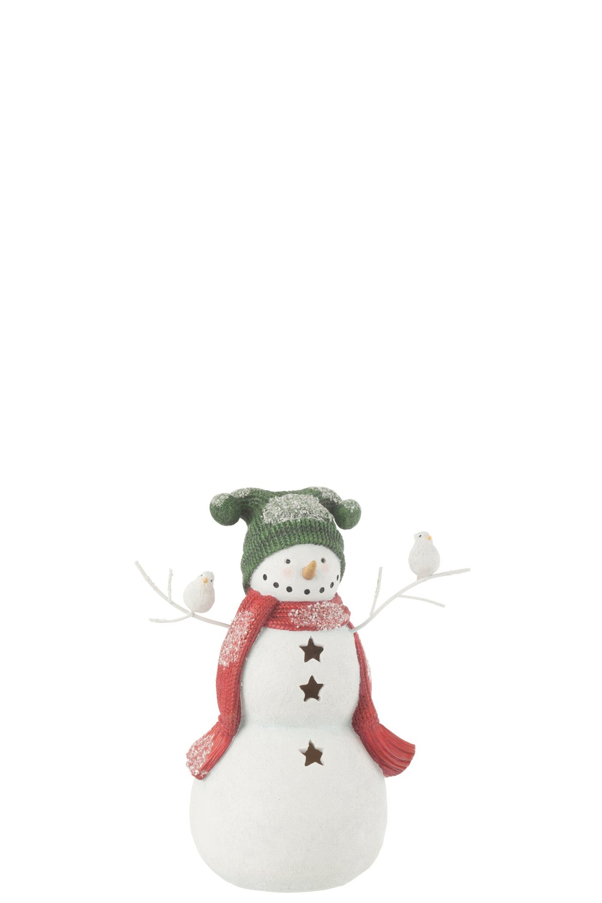 Sneeuwpop met vogels klein – kalkpoeder, rood en groen, 27,5 cm