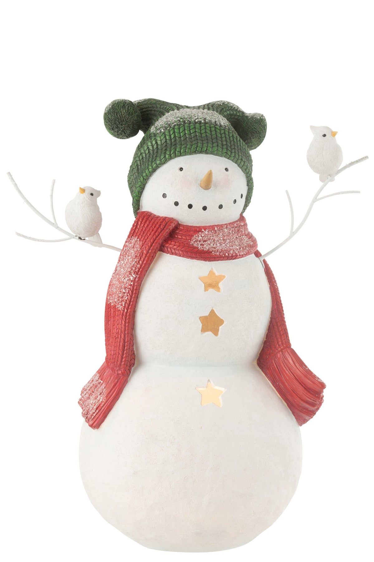Sneeuwpop met vogels groot – kalkpoeder, rood en groen, 50 cm