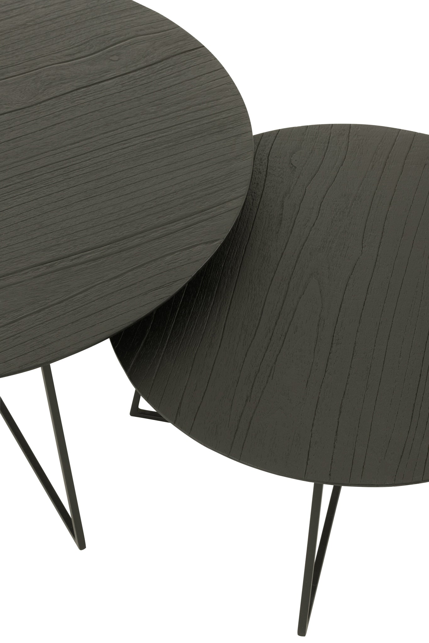 Set Of 2 Side Tables Round Teak Wood/Metal Black