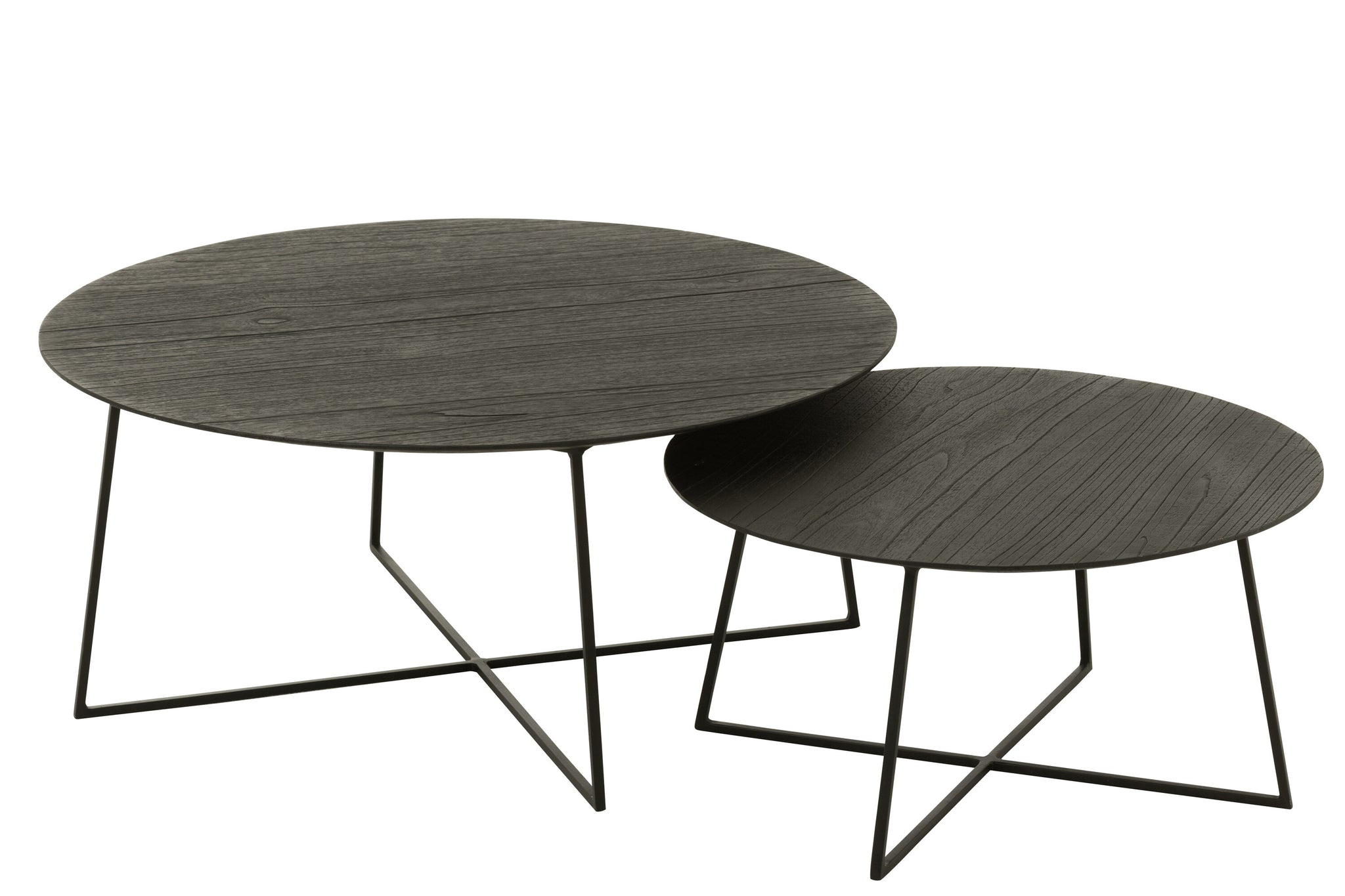 Set mit 2 runden Beistelltischen aus Teakholz/Metall, schwarz