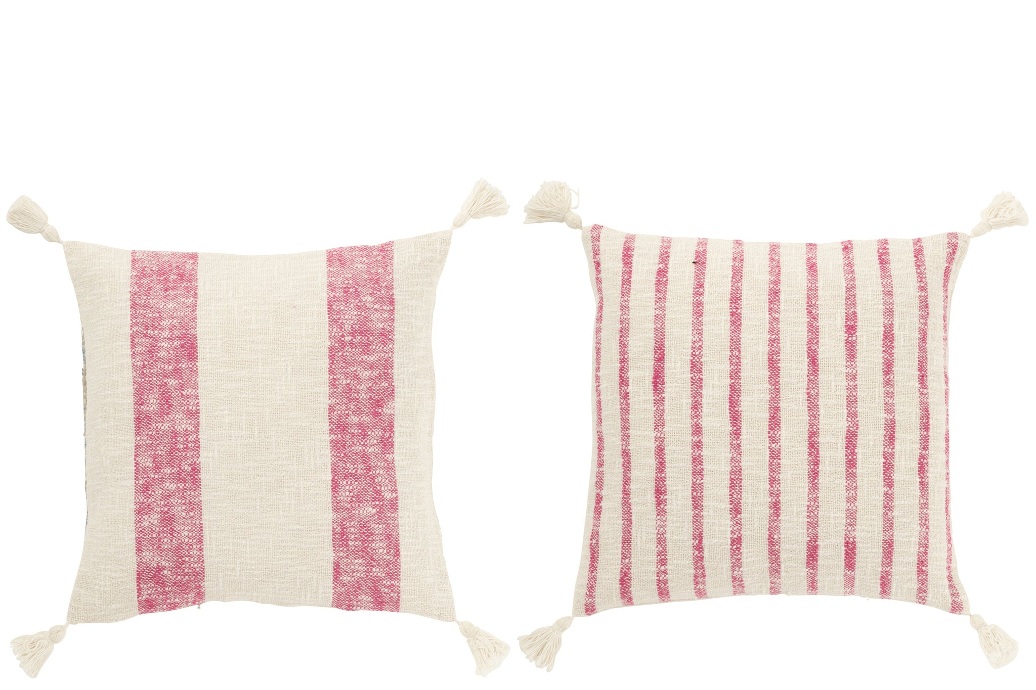 Cushion Square Stripes+Tassels Cotton White/Pink Assortment Of 2