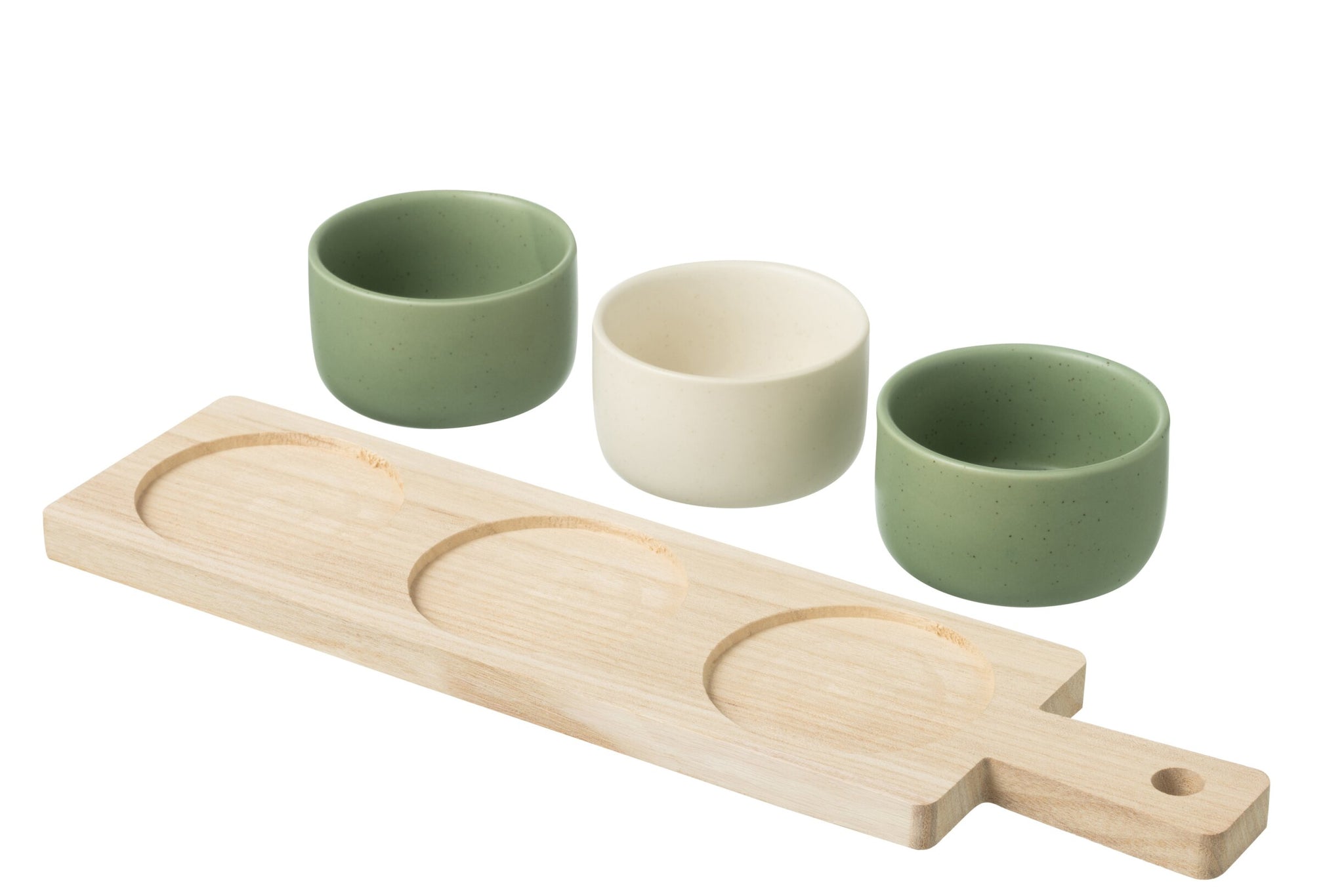 Tapasservice Windowbox – grün/weiß, 3 Sets + Holztablett